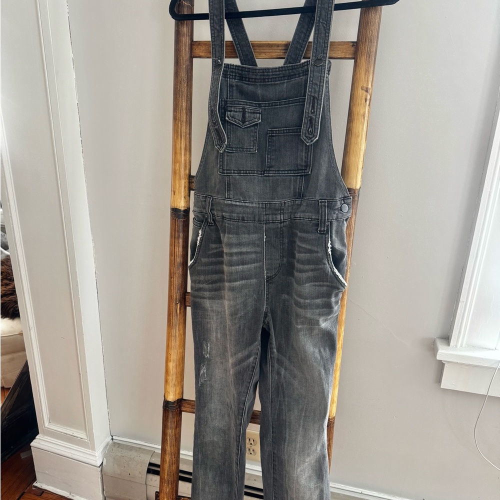 Free People women’s distressed gray denim overalls